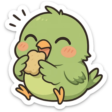 green chibi anime bird eating, cute and joyful, chibi style, anime style, cute character, joyful expression sticker