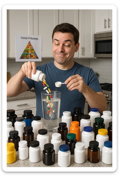 a man stands in his kitchen, enthusiastically pouring multiple supplement pills and powders into a large glass of water. The kitchen counter is cluttered with dozens of supplement bottles, and his expression is confident but slightly oblivious. In the background, a nutrition guide or food pyramid is ignored, highlighting his focus on supplements over balanced nutrition. sticker
