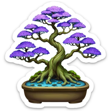 Futuristic wild glowing space alien moss maples Bonsai hair-pine-leaf group multi faceted intricate crystalline inspired boxwood purple blue informal rocky cliffhanger eight trees forest planting in shallow willow slab style pot with big animal-like feet  sticker