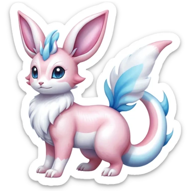 Feral Rare Fantasy cute realistic adorable pastel pink light-blue white iridescent Sylveon-Milotic-Minccino-Vernid-Sergal-hybrid by LiLaiRa, markings, tufted ears, full body sticker