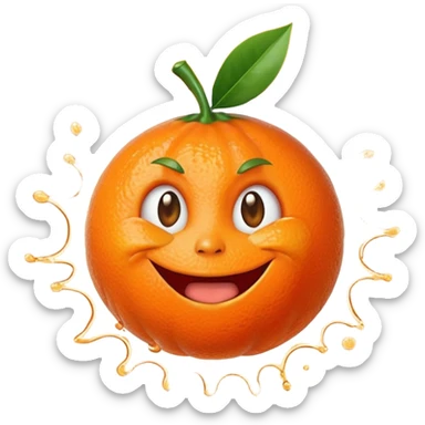 Juicy explosion mandarin emoji, bursting juice splash everywhere, exaggerated happy reaction, bright orange color, simple cartoon style, transparent background. sticker