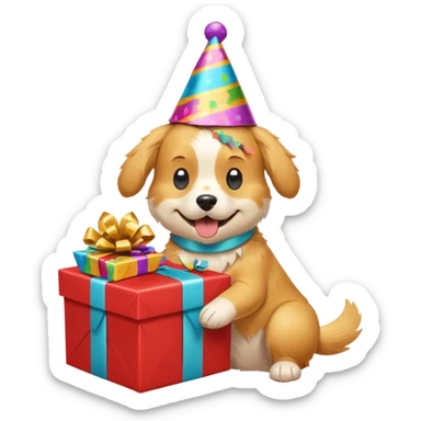 happy dog with a party hat tearing open a gift box sticker