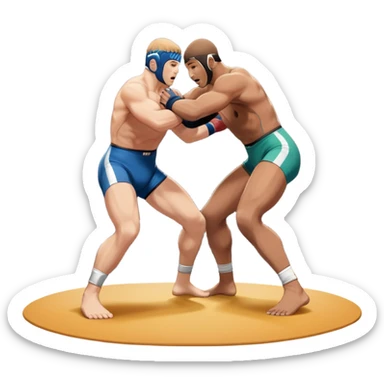 An icon featuring two wrestlers engaged in a fierce bout of freestyle wrestling. One wrestler is performing a lift, while the other tries to counter with a defensive move. The background showcases a wrestling mat with bright spotlights and a dynamic atmosphere. Transparent background sticker