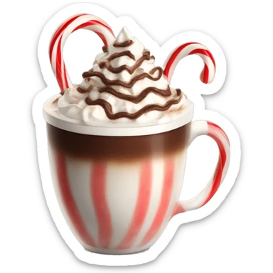hot chocolate with whipped cream, chocolate shavings, and a candy cane sticker
