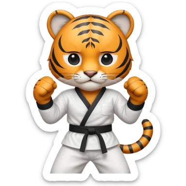 cute tiger doing karate portrait, head and shoulders only, wearing white gi uniform, black belt visible, fierce expression, 3D cartoon, mobile game icon style, clean background, no text, no watermark
 sticker