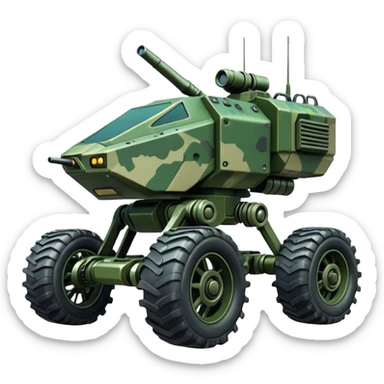 a 4-wheel armored camouflage army massive mech trail vehicle shooting forward side-hill leaning actively independent suspended pod gimbal enemy mech off-road racing rover with large fast engine  sticker