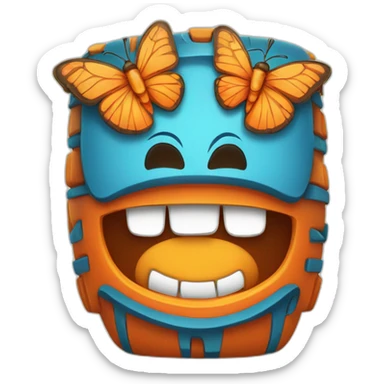 Cartoon Blue and orange smiling tiki with butterfly  sticker