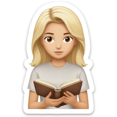 blonde model, brown eyes, medium voluminous hair, comfy t-shirt, reading a book sticker