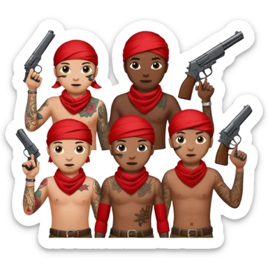 Black blood gang members with tattoos red￼ bandannas hold guns throwing up the b sticker