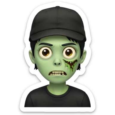 Green zombie, black hair, designer cap turned to the left, black shirt. Apple iOS style. sticker