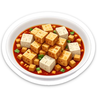 Sichuan mapo tofu spicy red dish with tofu cubes, simplified emoji style with bold outlines and bright colors, cartoon style Chinese tofu dish sticker