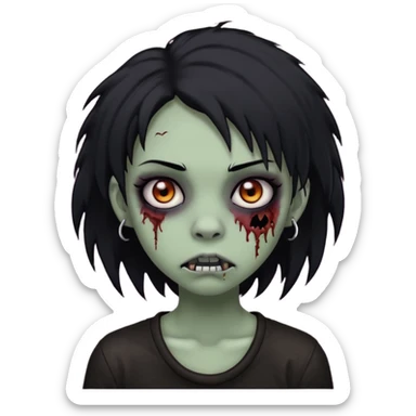 girl, zombie, black coily hair, medium long, emo, shaggy, dark, spooky, piercing on eyebrow, creepy blank expression sticker