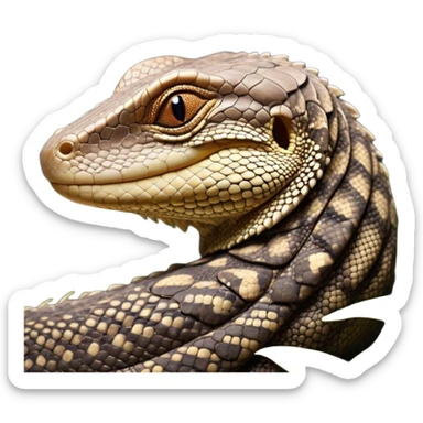 Meme-Worthy cute Sleeping brown camo spotted monitor Lizard Portrait Emoji, Head resting peacefully with a contented smile, showcasing intricately patterned scales and eyes gently closed in serene slumber, Simplified yet comically adorable features, highly detailed, glowing with a soft, drowsy earthy light, high shine, relaxed and utterly lovable, stylized with an air of playful laziness, bright and heartwarming, soft glowing outline, capturing the essence of a sleeping reptilian guardian that feels destined to become the next viral icon of adorable rest! sticker