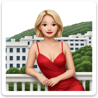 jennifer lawrence, red dress leaning on a balcony with a harbor and cityscape in the background, smiling, closeup sticker