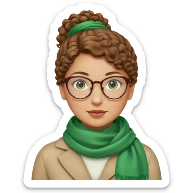 iranian woman, tight curly light brown hair in one high pony tail, glasses, green eyes, pretty, oval shape face, no hajib, scarf on neck sticker