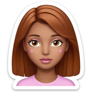 Pretty girl with caramel skin brown hair brown eyes and freckles. Wearing light pink lipgloss and mascara  sticker