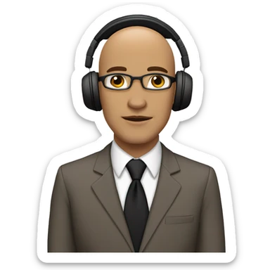 light skinned bald teacher with brown eyes wearing a black suit and a tan tie with a geometric pattern. teacher also wearing headphones  sticker