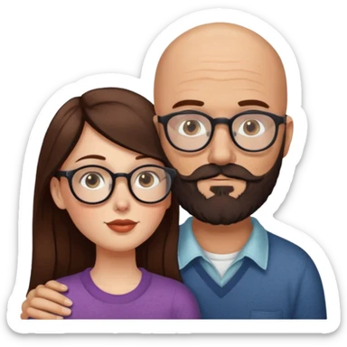 Couple. Bald man with dark brown-black beard. White woman with many small, faded freckles, she has white skin and she has auburn-brown-cinnamon, dark long hair. She has light brown eyes. The man have hazel eyes and the man wear glass. She have light eyes. Retro style. She kisses him. sticker