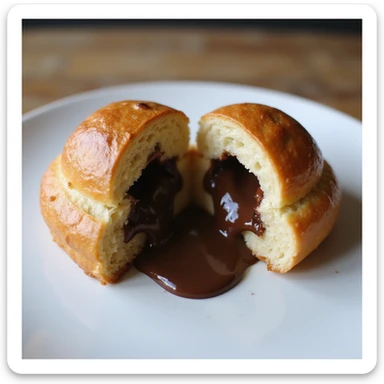 A Brioche Pasquier pitch pastry split in half, chocolate oozing out, with a focus on texture and deliciousness, in a photorealistic style sticker