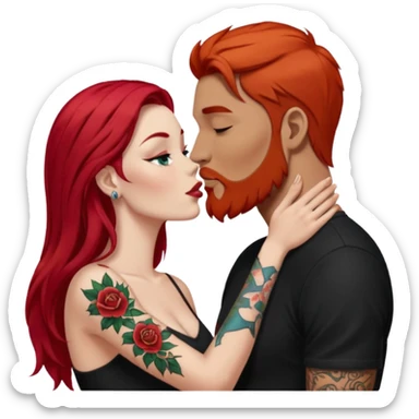 Long red hair woman with white skin kissing man with tan skin, short black hair, beard, & tattoos sticker
