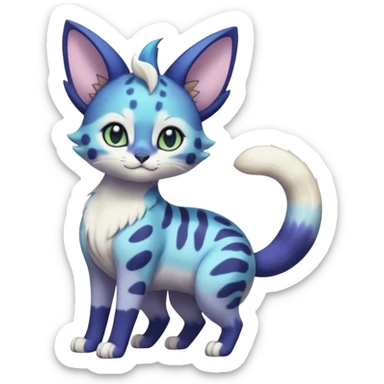 Exotic tropical shiny cute realistic Cobalt-Blue green-purple-gradients, black white Purloin-Meowstic-Minccino-Cinccino-serval-Meowth-caracal-fusion-hybrid-creature (full body) sticker