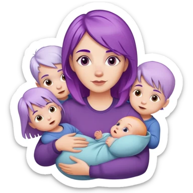 White woman with purple hair holding a baby with other little white kids with normal hair colors around her sticker