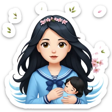  A white girl with a Black long hair, and a baby blue sailor suit, enjoying the spring breeze，Wearing cherry blossoms on your hair sticker