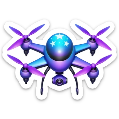 Galaxy drone emoji, with 4 wings cosmic purple blue gradient, glowing stars texture, neon propellers, 3D glossy, futuristic, transparent background. sticker
