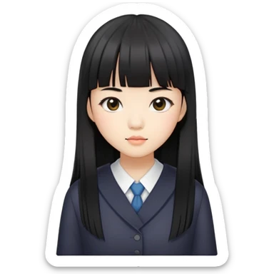 Asian schoolgirl with straight black hair, long length, and blunt bangs sticker