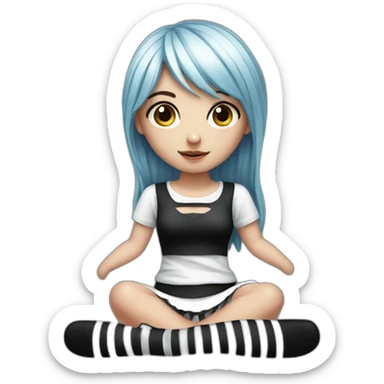 Hyperrealistic Frontal view curvy emo girl sits white skirt striped stockings hands up sticker