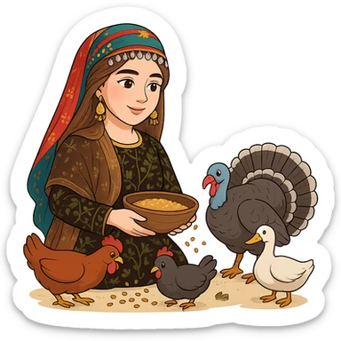 Kurdish cartoon sticker of the same woman in the new dress, feeding chickens, rooster, turkey, or duck, holding a bowl of grain, surrounded by birds, no text, transparent background sticker