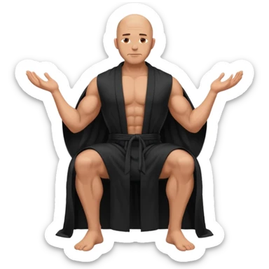 fullbody jacked bald guy, sleeveless and unbuttoned in full black robe sitting sticker