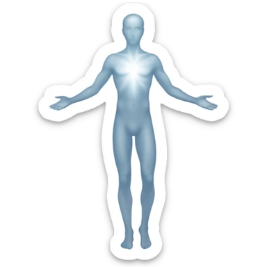 Male silhouette composed of subtle monochrome ethereal flowing energy, abstract aura forming the shape of a man, no facial features, minimal sticker