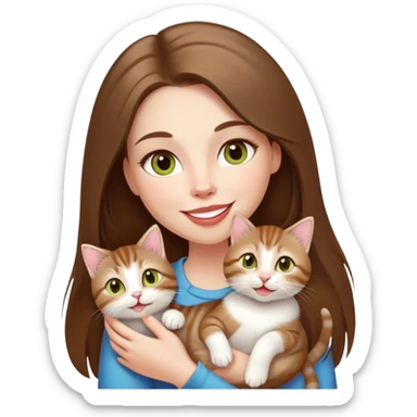 White Woman with VERY long straight brown hair, rosy lips and cheeks, big chartreuse eyes, cute happy big smile holding a white and brown tabby kitten sticker