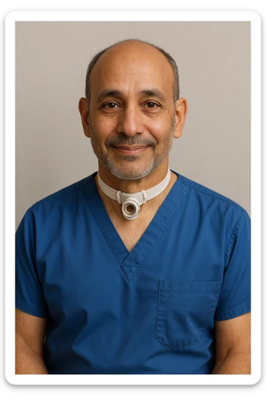 doctor portrait, tracheostomy tube, blue scrubs, gentle smile, simple background, contemporary style sticker