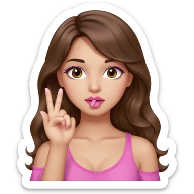 girl with long wavy brown hair, brown eyes, light to medium complexion, in a pink sexy top, pink lips, long lashes, silent motion with the hand one finger up by the mouth sticker