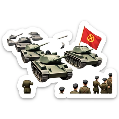 East German protest scene, 17. Juni 1953, people with protest signs saying 'Wir sind das Volk', DDR flag, Berlin Wall, Soviet tanks in background, tense mood sticker