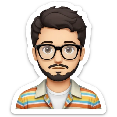 young adult man with light skin, short beard, dark wavy hair, relaxed expression, very wide rectangular glasses with thick black acetate frame and thick double bridge, retro oversized style, colorful open shirt and white t-shirt sticker