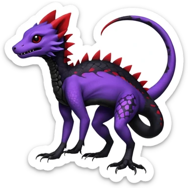 Rare realistic exotic edgy dark gothic gloomy spooky black and red/purple epic pretty beautiful handsome gorgeous aesthetic colorful vibrant Vernid-Trico-species-Fakemon-Salandit-hybrid-creature by LiLaiRa, 4 legs, 1 tail, random markings, (full body) sticker