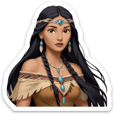 Cinematic Realistic Pocahontas Portrait, depicted with lifelike skin texture, soft natural lighting, and intricately detailed long, flowing raven-black hair that moves gracefully in the wind. Her deep, soulful dark brown eyes exude wisdom and strength, complemented by a serene yet powerful expression. She is dressed in her classic one-shoulder native american dress, with rich fabric textures and delicate beaded details that catch the light beautifully. The portrait features a soft, sun-kissed glow with a natural, radiant finish, capturing the essence of untamed beauty and deep connection to nature in a realistic and painterly style, evoking a sense of depth and authenticity. sticker