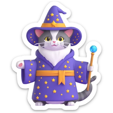 wizard cat with a starry robe and hat sticker