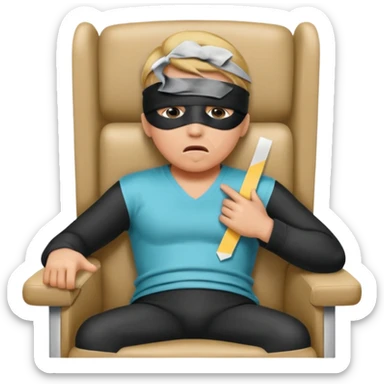 person in chair with blindfold and mouth tape sticker