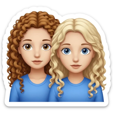 Twin sisters, one has brown eyes, long curly brown hair, the other one has blue eyes and straight blond hair sticker