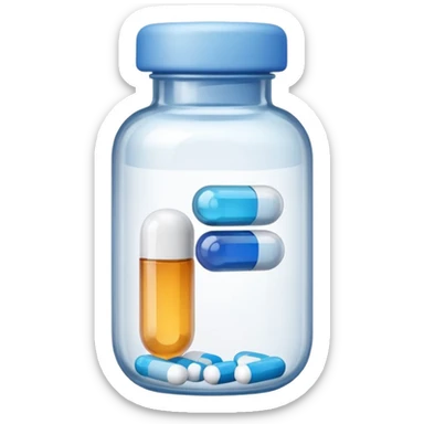 iOS-style emoji of a small medicine bottle. Rounded shape, clear label, simple clean design, smooth gradients, no background sticker