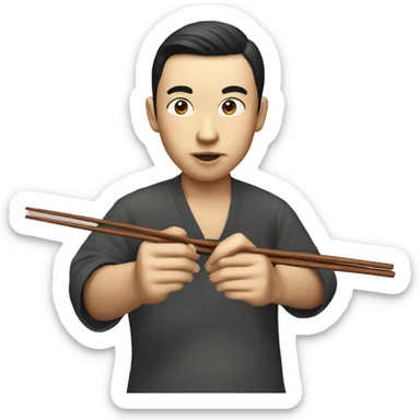 Chinese man with chopsticks while eating sticker