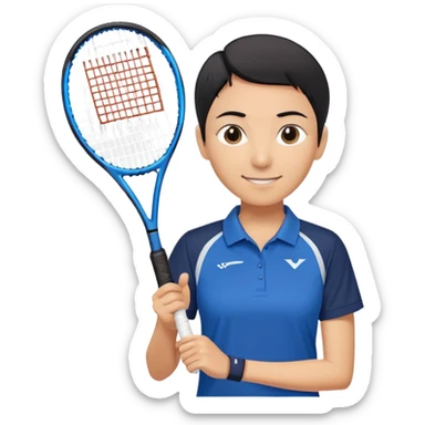 light brown skinned tennis coach, short straight black hair with widow's peak, oval face, small eyes, smiling, holding blue Yonex tennis racket, wearing dark navy blue dry fit shirt sticker