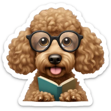 Brown poodle with wire rim glasses reading a book sticker