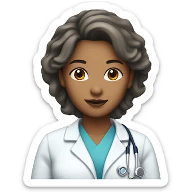 Doctor woman with brown eyes and hair with a blue scrub sticker