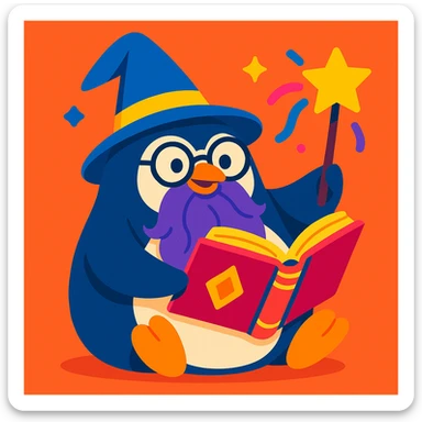 chubby penguin wizard with glasses, long beard, magical book, playful illustration style, vibrant colors sticker
