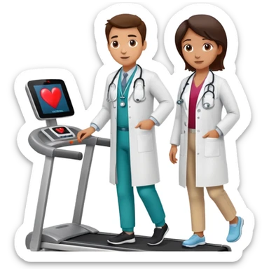 patient on a treadmill with a heart monitor, and a doctor standing nearby supervising, not running sticker
